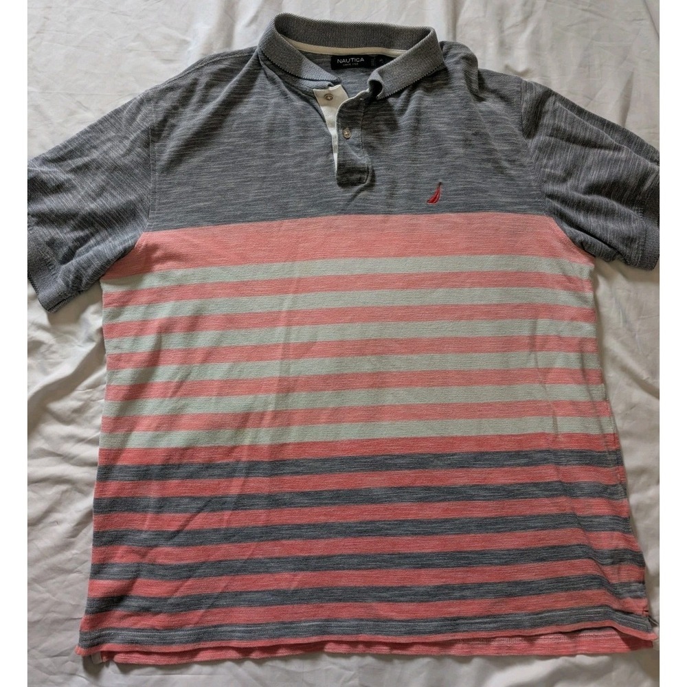 Nautica Mens XL Gray And Pink Striped 100% Cotton Mens Short Sleeve‎ Polo Shirt